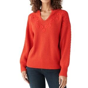 Lucky‎ Brand Los Angeles Red Floral Embroidered V Neck Knit Sweater XL